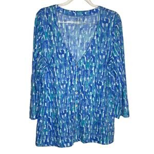 J Jill‎ Womens Size Medium Blue Printed Extra Fine Pima Cotton Cardigan Artsy